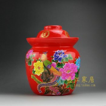 DL98-D 8237手工粉彩红地锦上添花图盖罐 储物罐 泡菜罐