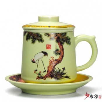 CBAD04-a-15手工亚光四件套新品茶杯 釉下彩松鹤延年图茶杯 品茗杯 带托老板杯 尺寸：高11.5cm 碟高 2cm 口径 8.5cm 碟径 15cm 容量 450ml