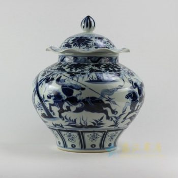 RZEZ02-B 9373仿古青花英雄比武图盖罐 储物罐 尺寸： 口径 18.3厘米 肚径 27.6厘米 高 39.6厘米