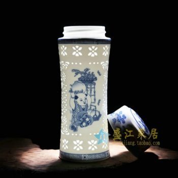 CBAJ01-C 019手工全瓷镂空青花童趣图屏画茶杯 养生保温杯 旅行杯 尺寸：高 19.5cm 口径 5.5cm 容量 450ml