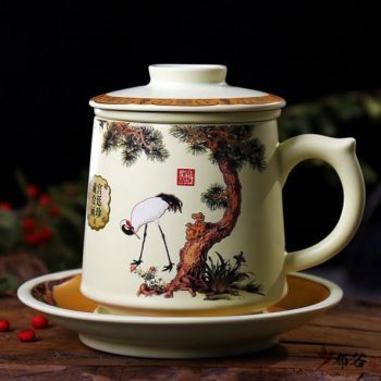 CBAD04-a-25手工亚光四件套茶杯 釉下彩松鹤延年图新品茶杯 品茗杯 老板杯 尺寸：高11.5cm 碟高 2cm 口径 8.5cm 碟径 15cm 容量 450ml