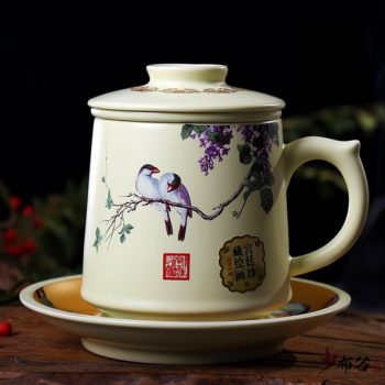 CBAD04-a-17手工亚光四件套茶杯 青花斗彩鸟趣图新品茶杯 品茗杯 老板杯 尺寸：高11.5cm 碟高 2cm 口径 8.5cm 碟径 15cm 容量 450ml