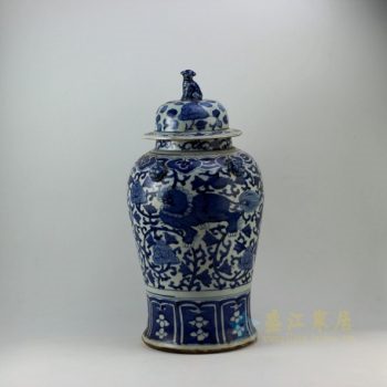 RZEY08 9306仿古青花狮子花卉纹将军罐 盖罐 储物罐 尺寸： 口径 13.8厘米 肚径 25.6厘米 高 52.6厘米