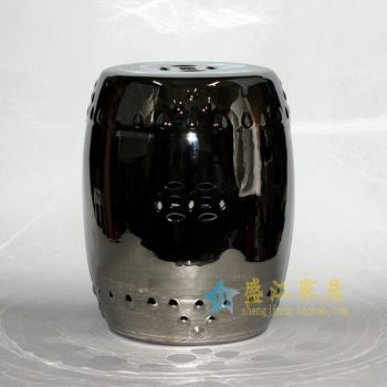 RYLL27-B 8540手工颜色釉镀银镂空双钱图瓷凳 凉墩 鼓凳