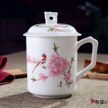 CBDI42-D-07手高档骨瓷带孔盖杯 粉彩水点桃花茶杯 品茗杯 老板杯尺寸 高15cm口径9cm容量550m
