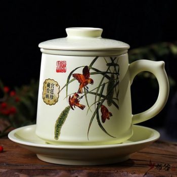 CBAD04-a-21手工亚光四件套茶杯 釉下彩鸟趣图新品茶杯 品茗杯 老板杯 尺寸：高11.5cm 碟高 2cm 口径 8.5cm 碟径 15cm 容量 450ml