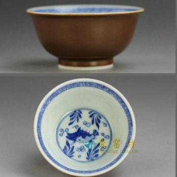 RYBS88 紫金釉全手工茶杯 手绘青花鱼草图茶杯 品茗杯 功夫茶具