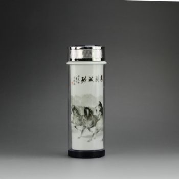 CBAJ03-B 8265手工粉彩马到成功图水晶玻璃外壳瓷杯 养生保温杯 旅行杯 尺寸：高 19.3cm 口径 5cm 容量 320cm