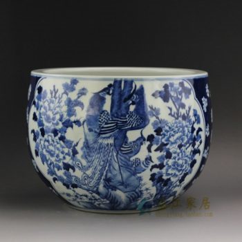 RYLU21 0727景德镇陶瓷 手绘仿古 青花凤凰花鸟花缸 花盆 鱼缸 尺寸：口径 27.5厘米 肚径 28.6厘米 高21.3厘米