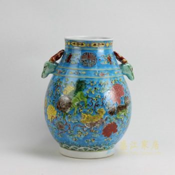 RZFA08 9605景德镇陶瓷尊 粉彩兽耳寿纹狮舞图瓷尊 花瓶 工艺装饰摆件 规格尺寸：口径 13.5 厘米 肚径 24.2厘米 高 32.5 厘米