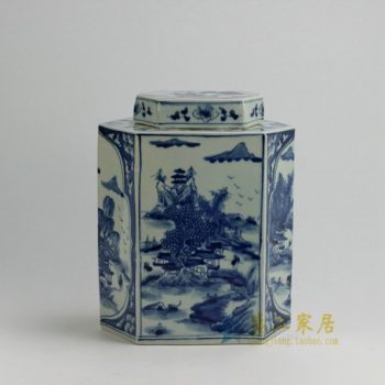 RYUK22 0125景德镇陶瓷 手绘青花山水风景屏画长六边形茶叶罐 盖罐 储物罐 规格尺寸：口径 12*6.3 厘米 肚径 25*15 厘米 高 30.3 厘米