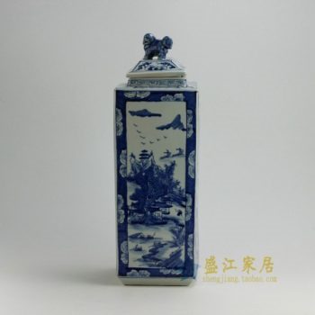 RYUK21 0119景德镇陶瓷 手绘青花山水风景人物屏画狮盖罐 储物罐 工艺装饰摆件