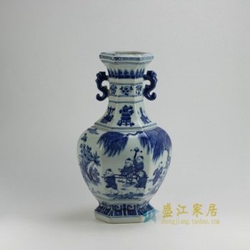 RYUK23 0132景德镇陶瓷 手绘青花童趣图夔龙耳花瓶 六棱鼓花瓶 花插 工艺装饰摆件 规格尺寸：口径 13.8 厘米 肚径 24.8厘米 高 45.2 厘米