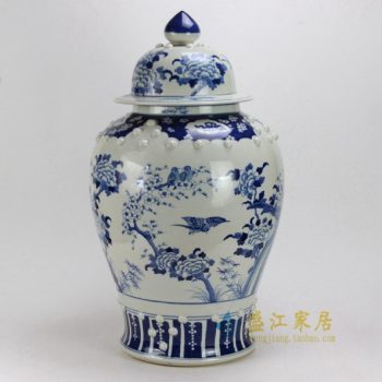 RYLU20 0533景德镇陶瓷 仿古青花 手绘花鸟大将军罐 瓷罐 储物罐 盖罐 尺寸：口径38厘米 高70厘米