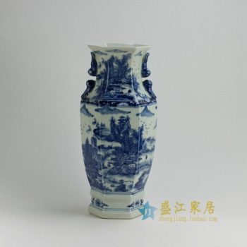 RYUK18 0097景德镇陶瓷 手绘青花山水风景屏画六棱夔龙耳花瓶 工艺装饰摆件 规格尺寸：口径 15.6 厘米 肚径 19.5厘米 高 42.3 厘米