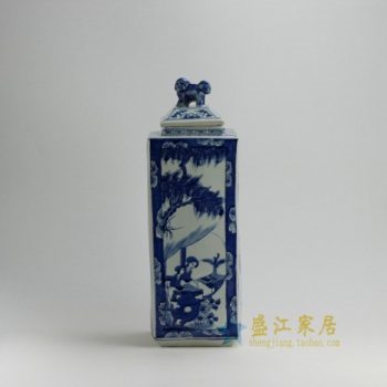 RYUK20 0112景德镇陶瓷 手绘青花美女图屏画狮盖罐 储物罐 家居装饰摆件