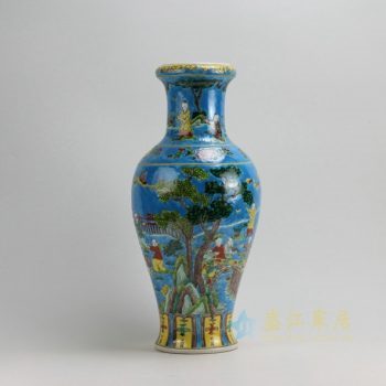 RZFA01 9555景德镇陶瓷 手工粉彩蓝地婴戏图纹花瓶 花插 工艺装饰摆件