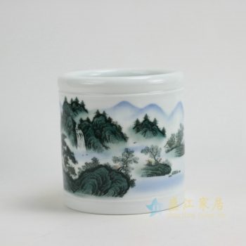 RYZP02-B 9661景德镇陶瓷 手工釉中彩山水风光画 笔筒 文房用具