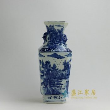 RYUK19 0105景德镇陶瓷 手绘青花山水风景人物屏画花瓶 六棱狮耳花瓶 工艺装饰摆件 规格尺寸：口径 12.8厘米 肚径 18.5厘米 高 45.6 厘米