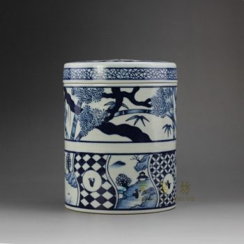 RYSN09 8636景德镇陶瓷 手绘青花山水花卉屏画茶叶罐 盖罐 储物罐 尺寸：口径 13厘米 高 16.8厘米