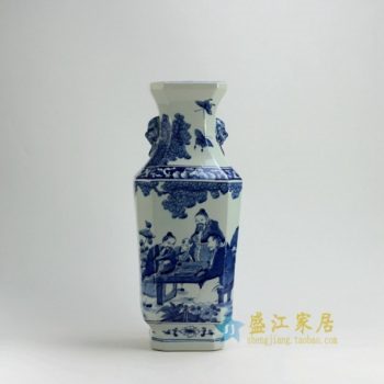 RYUK17 0090景德镇陶瓷 手绘青花人物风景画六棱狮耳屏画花瓶 工艺装饰摆件 规格尺寸：口径 12.8厘米 肚径 18.5 厘米 高 45.6 厘米