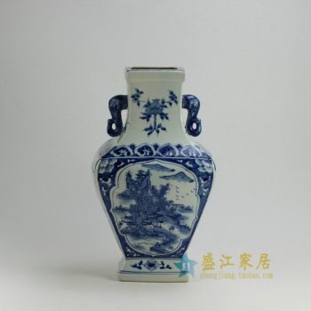 RYUK24 0139景德镇陶瓷 手绘青花山水风景屏画象鼻耳花瓶 花插工艺装饰摆件 规格尺寸：口径 12.3*8.5厘米 肚径 25.6*19厘米 高 44.3 厘米