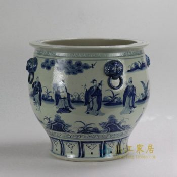 RZFH01 0782景德镇陶瓷 仿古手绘青花八仙缸 狮耳环花缸 花盆 鱼缸