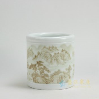 RYZP02-A 9655景德镇陶瓷 影青釉山林图纹笔筒 文房用具