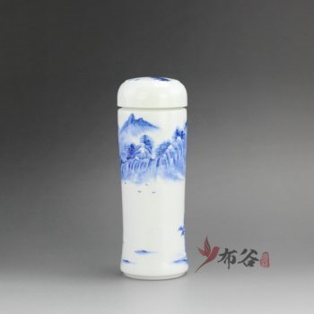 CBAJ05-M 9696手工全瓷双层隔热青花山水保温杯 旅行杯 养生杯 尺寸： 口径 5.6厘米 肚径 7.1厘米 高 20.5厘米 容量 350 毫升