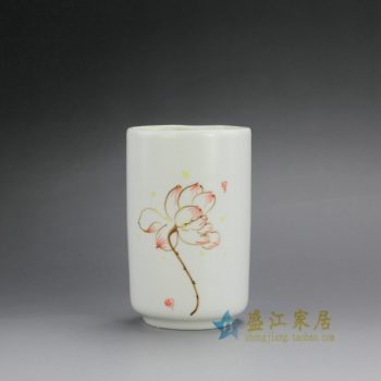 RZFE02-B 手绘粉彩荷花图直筒茶杯 品茗杯 功夫茶具 尺寸: 口径 7.3厘米 高 12.3厘米 容量 335毫升