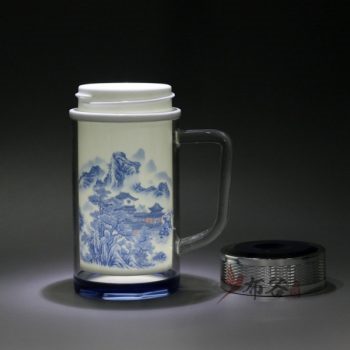 CBDI46-A手工双层陶瓷内胆青花图纹保温杯 泡茶杯 办公杯