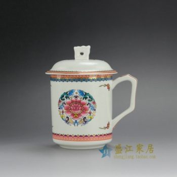 CBDI39-G 手绘新彩团花图纹茶杯 带盖老板杯 办公杯 泡茶杯 尺寸：口径 8.8厘米 高 14.8厘米 容量 450毫升
