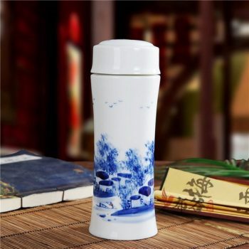 CBAJ05-B手工全瓷双层隔热青花乡村风光图保温杯 旅行杯 养生杯
