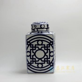 RYPU21 2431手绘青花窗格图茶叶罐 储物罐 盖罐 尺寸： 口径 10厘米 肚径 22.5厘米 高 39厘米