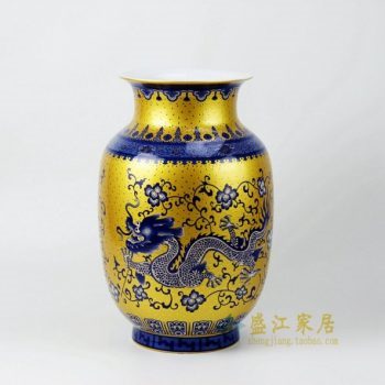 RZFT01 2611手绘黄地青花腾龙图冬瓜瓶 花瓶 工艺装饰摆件 尺寸： 口径 17.6厘米 肚径 23.5 厘米 高 36厘米