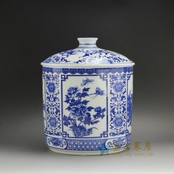 RZAA01-B 2332手绘青花蝶恋花屏画盖罐 储物罐 尺寸： 口径 23.5 厘米 盖径 24.8 厘米 高 29.5厘米
