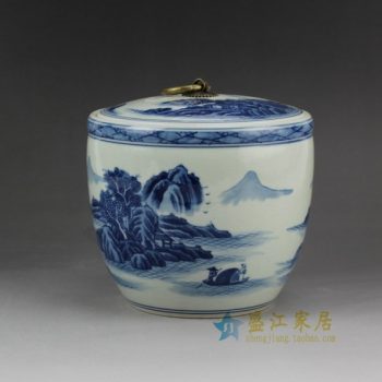RZCC04 2917手绘青花山水风景人物画瓷坛 盖罐 储物罐