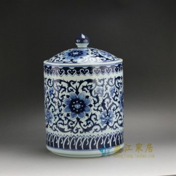 RZFQ02 2344手绘青花缠枝花卉图纹茶叶罐 盖罐 储物罐 尺寸： 口径 21厘米 肚径 22.2 厘米 高 33.3厘米