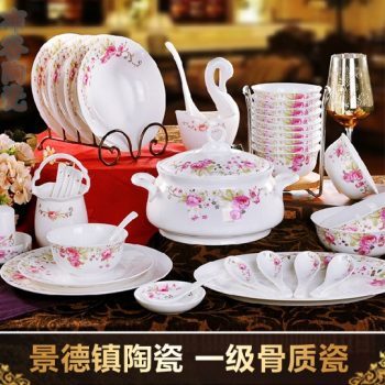  CJ27勾莲玫瑰图纹骨瓷套装餐具 56头景德镇一级骨瓷餐具