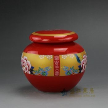 RZFL01 颜色釉红釉手绘粉彩富贵天香图纹 茶叶罐 盖罐 密封罐 尺寸： 口径 4.8厘米 肚径 9.2厘米 高 8.3厘米