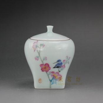 RYOK78 手绘粉彩花鸟图茶叶罐 盖罐 储物罐 尺寸：口径 6厘米 肚径 7.8厘米 高 9.3厘米