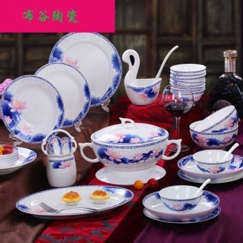  CJ53荷花玲珑富贵图纹骨瓷餐具套装 56头景德镇骨瓷餐具
