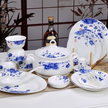 CJ35景德镇骨瓷餐具套装 56头青花玲珑 富贵牡丹 国色天香图纹骨瓷餐具