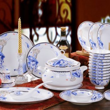  CJ20-RYDI67 景德镇陶瓷餐具套装 彩绘荷花56头骨瓷餐具