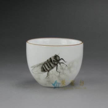 RYOK76-J 手绘粉彩知了图金边口茶杯 品茗杯 功夫茶具 尺寸; 口径 5.5厘米 高 4.5厘米 容量 55毫升