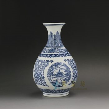 RYUJ18 手绘青花缠枝山水风景屏画玉壶春 花瓶 花插 尺寸： 口径 7.6厘米 肚径 15厘米 高 24.2厘米