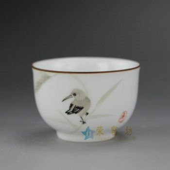 RYOK76-I 手绘粉彩芦苇小鸟金边口茶杯 品茗杯 功夫茶具 尺寸：口径 6.2厘米 高 4.3厘米 容量 60毫升