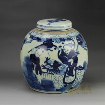 RZGC01-B 青花麒麟送子图瓷罐 盖罐 储物罐   尺寸： 口径 9.8厘米 肚径 22.6厘米  高 22.8厘米