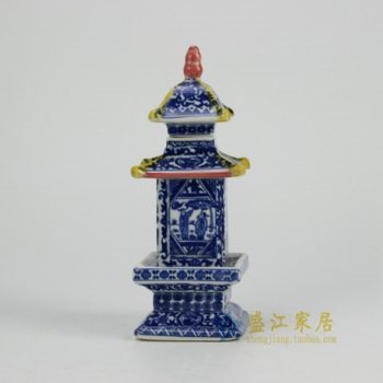 RZGE01 青花手绘人物风景屏画雕塑亭台楼阁式瓷罐  茶叶罐 工艺装饰摆件  尺寸： 口径 3.2厘米  肚径  7.8厘米  高 19.8厘米