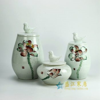 RYZW04 粉彩荷花图雕塑小鸟盖罐 瓷罐套组 储物罐